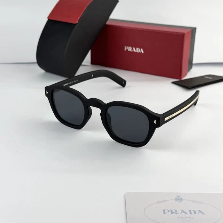 Prada Black Matte Gold Accent Square Sunglasses